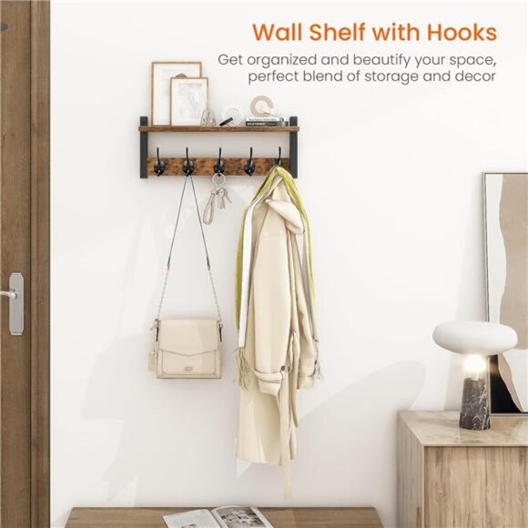 Wall Hooks with Shelf, Wood Coat Rack with Shelf Wall-Mounted, Entryway Hanging - Picture 2 of 7